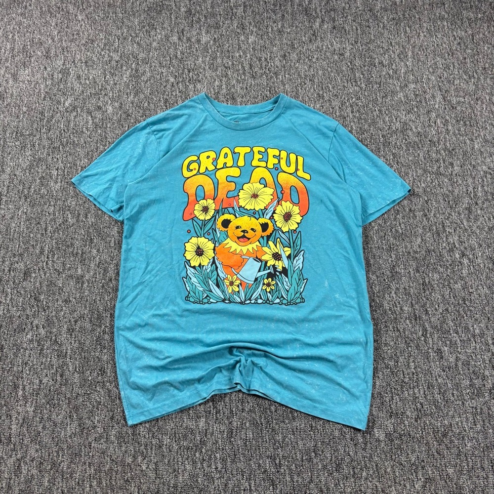 Grateful Dead Retro Hippie Dancing Bear Rock Band Graphic T-Shirt Blue Medium
